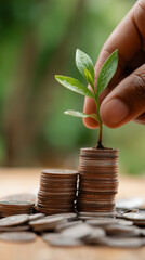 A hand places a small green plant growing from stacks of coins, symbolizing financial growth and investment.