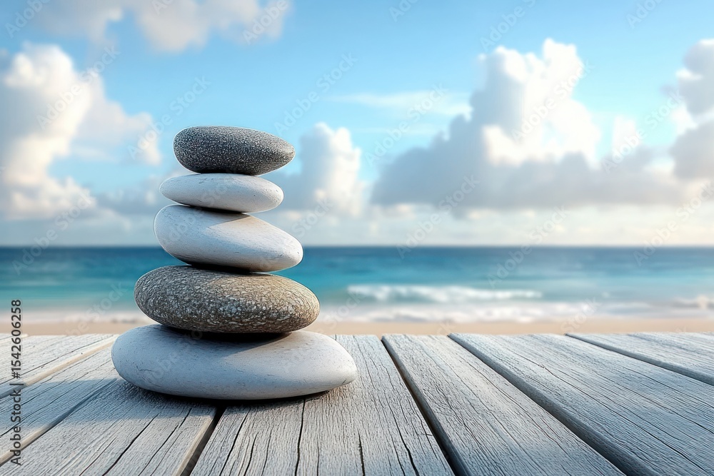 Poster stack of smooth balanced stones on a wooden surface with ocean and cloudy sky background conveying c