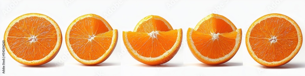 Poster sequence of fresh orange halves showing gradual removal of a segment on a white background