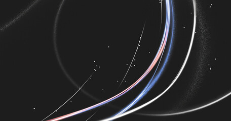 Abstract light trails on a dark background creating dynamic, curved streaks in white, blue, and red hues with scattered small glowing dots.