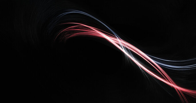 Abstract light trails in red and white swirl dynamically against a black background, creating a vivid, flowing pattern.