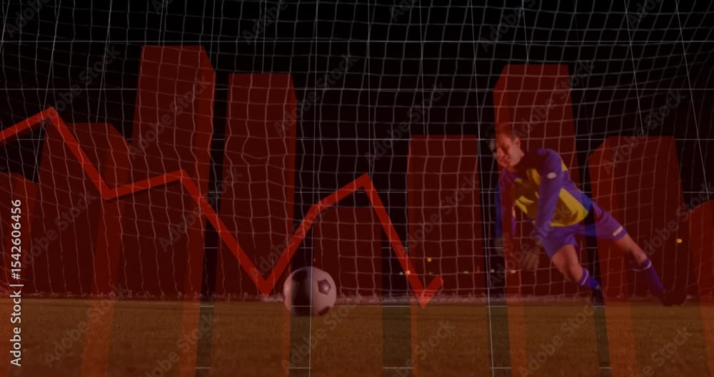 Poster goalkeeper running and diving for rolling ball with animated graphs tracking motion for sports tech
