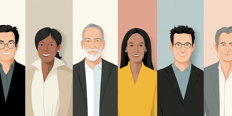 Illustration of six diverse professionals standing side by side, dressed in formal and business attire, smiling confidently against varied colored backgrounds.