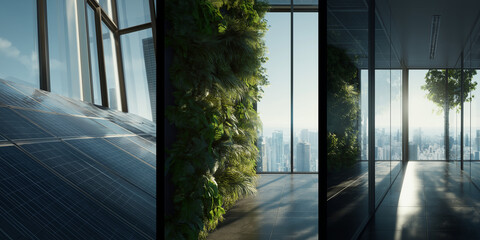 Modern indoor space with large floor-to-ceiling windows showcases a vertical garden overlooking a city skyline bathed in natural light.