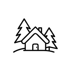 Simple Line Drawing Winter House Snowy Landscape Two Pine Trees Handmade Illustration Cozy Cabin Home