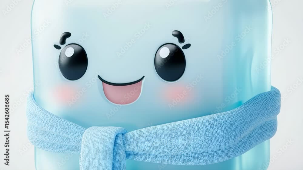 Poster cute 3d render of a smiling ice cube character with scarf