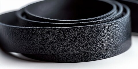 Close-up of coiled black textured leather belt on a white surface showing fine grain detail and smooth edges