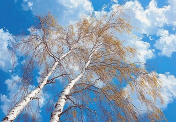 Two tall birch trees with sparse golden leaves against a bright blue sky dotted with fluffy white clouds