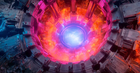 A futuristic, circular energy core emits glowing blue and fiery red light, surrounded by intricate mechanical structures.