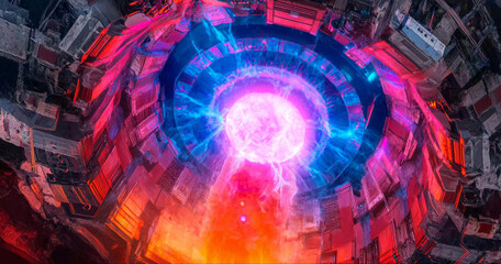 A vibrant, futuristic energy core emits bright blue and purple electricity inside a circular metallic chamber with red and orange glowing elements.
