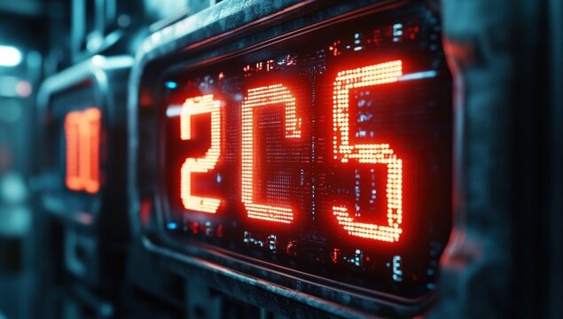 Close-up of a futuristic digital display showing red glowing numbers on a dark technical background in a sci-fi style environment