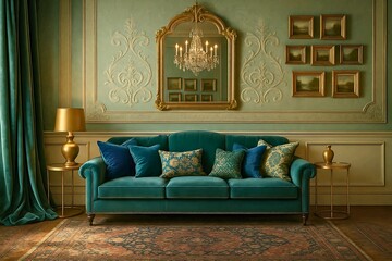 Sophisticated vintage living room with teal velvet sofa gold framed mirror pillows and ornate wall