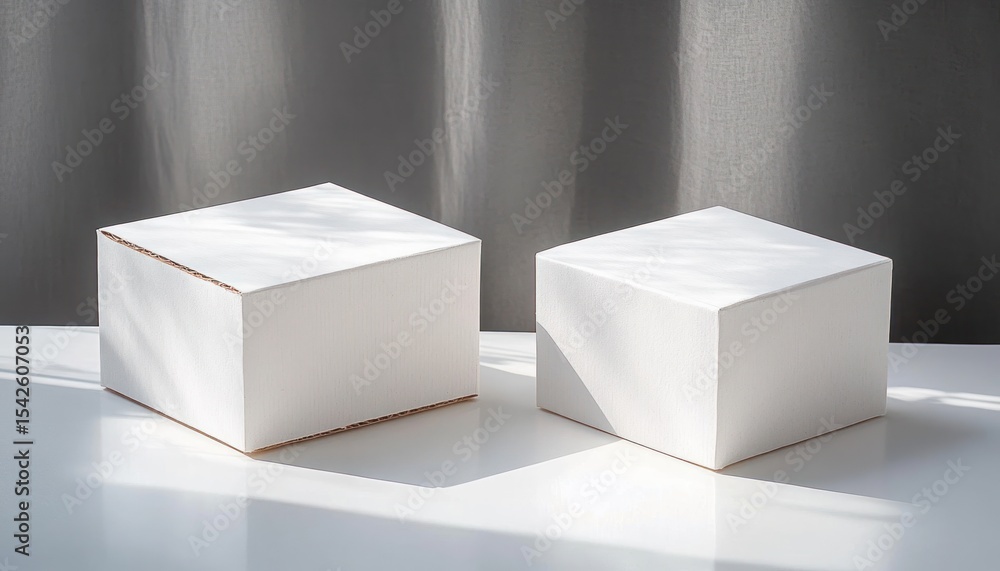 Poster two white cardboard boxes placed on a smooth white surface with soft shadows and neutral gray backgr