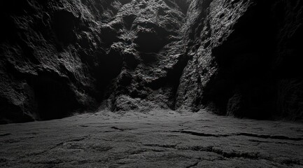 dark rocky cave interior with rough textured walls and ground illuminated by natural light from above creating a dramatic and mysterious atmosphere