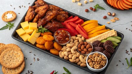 Tray with chicken wings cheese nuts and crackers on gray table
