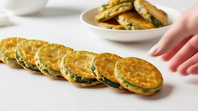 Close up view of perfectly fried zucchini slices displayed against a white background perfect for food photography showing a healthy light delicious meal option