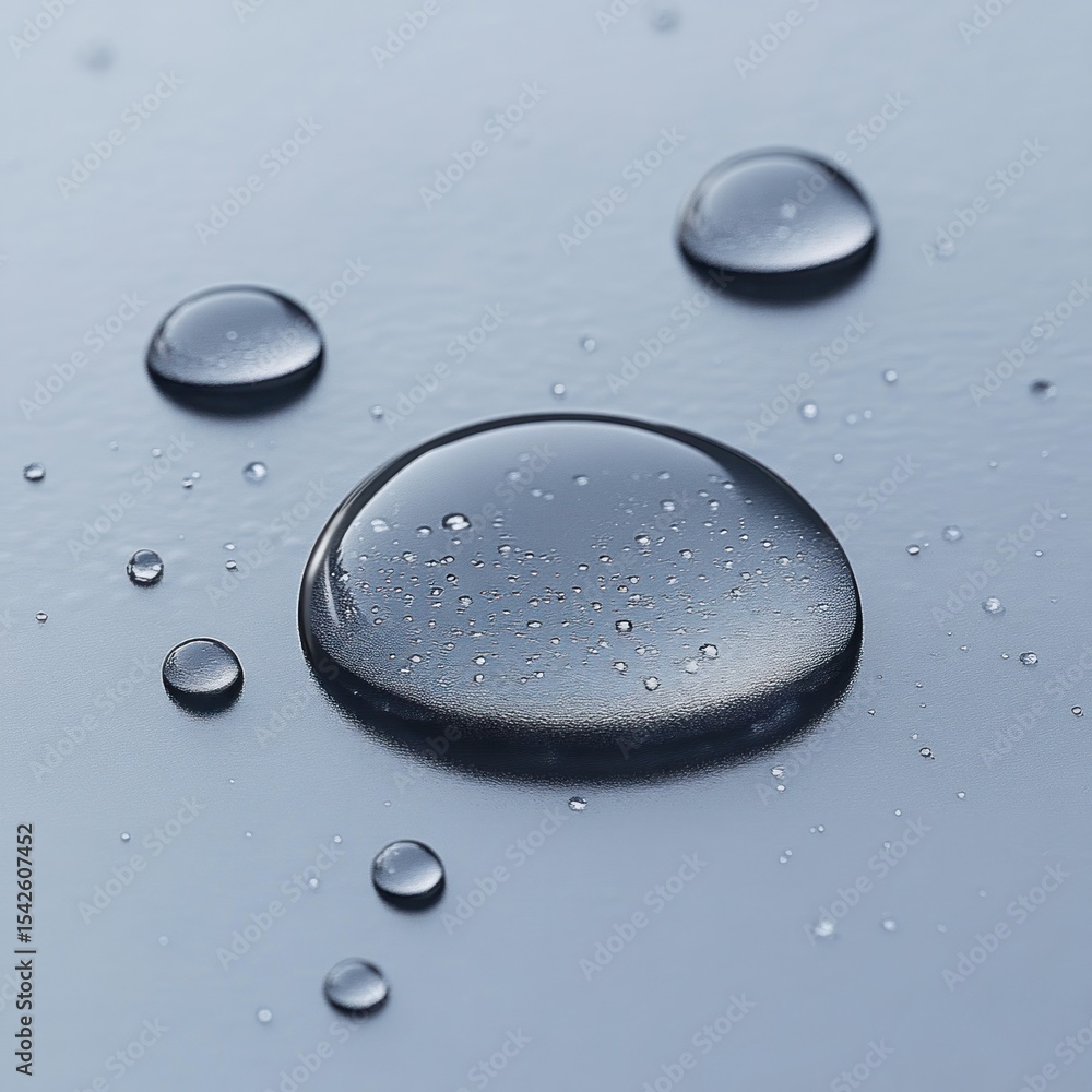 Poster close-up of multiple water droplets on a smooth blue-gray surface reflecting light with clear transp