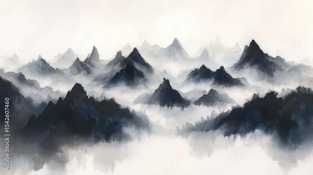 Poster misty mountain range with dark peaks emerging through thick fog and soft clouds creating a calm and 