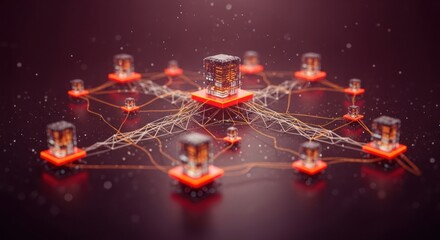 Abstract network with central server connected to smaller nodes on a dark reflective surface