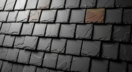 A close up of a roof made of dark gray slate tiles with one tile being a different color tone