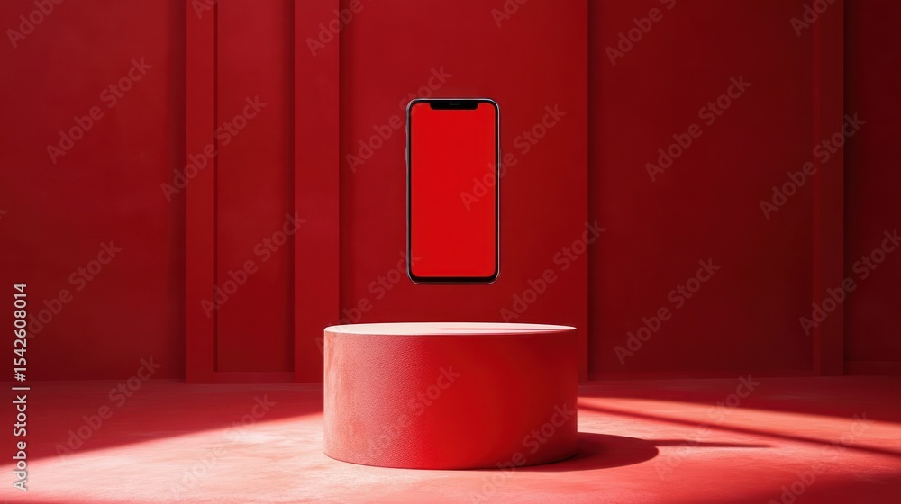 Poster black smartphone with red screen floating above a red cylindrical pedestal in a minimalistic red roo