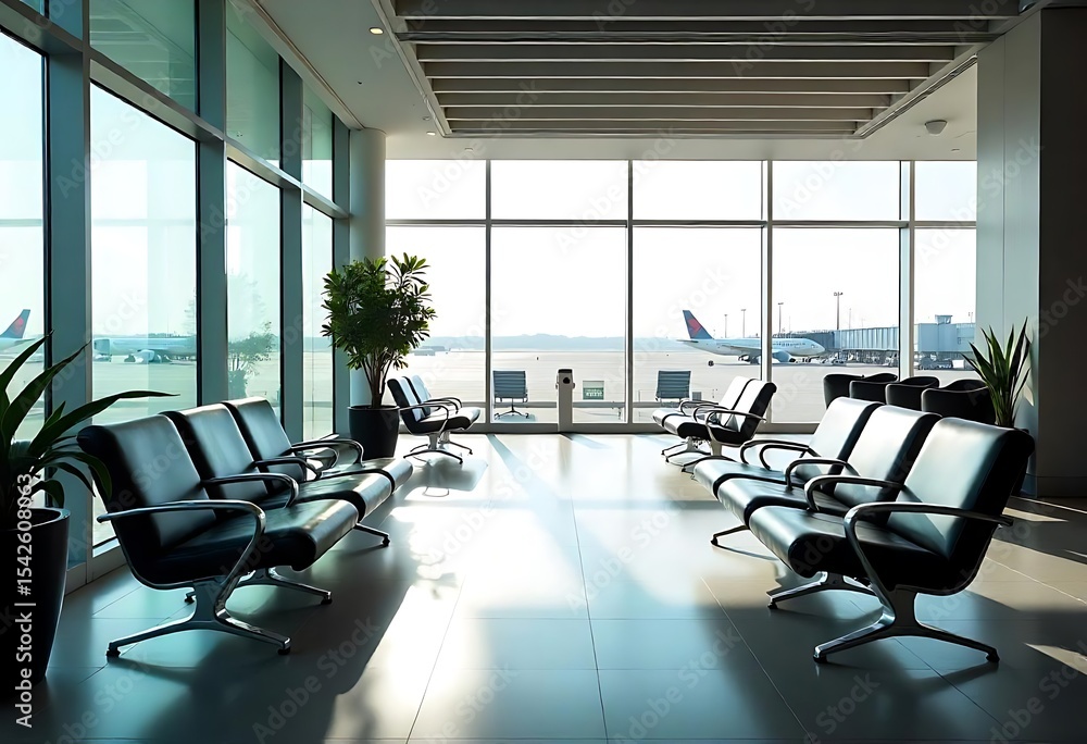 Poster generative ai envisions a modern and bright airport lounge with large windows and comfortable seatin