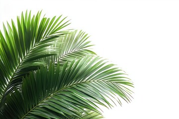 Obraz premium Close-up of lush green palm leaves against a bright white background showcasing natural texture and vibrant color