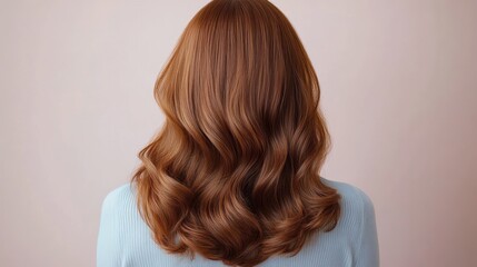 Naklejka premium Back view of person with long, wavy, reddish-brown hair wearing a light blue top against a plain background
