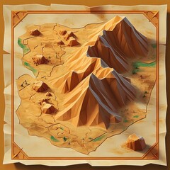 3D low poly stylized map featuring a mountain range with shadows, surrounding plains with small hills and sparse vegetation on a parchment background