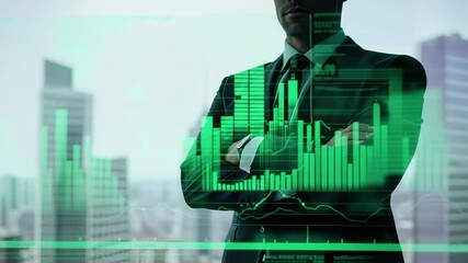 Confident businessman with financial data overlay against city skyline - Powered by Adobe