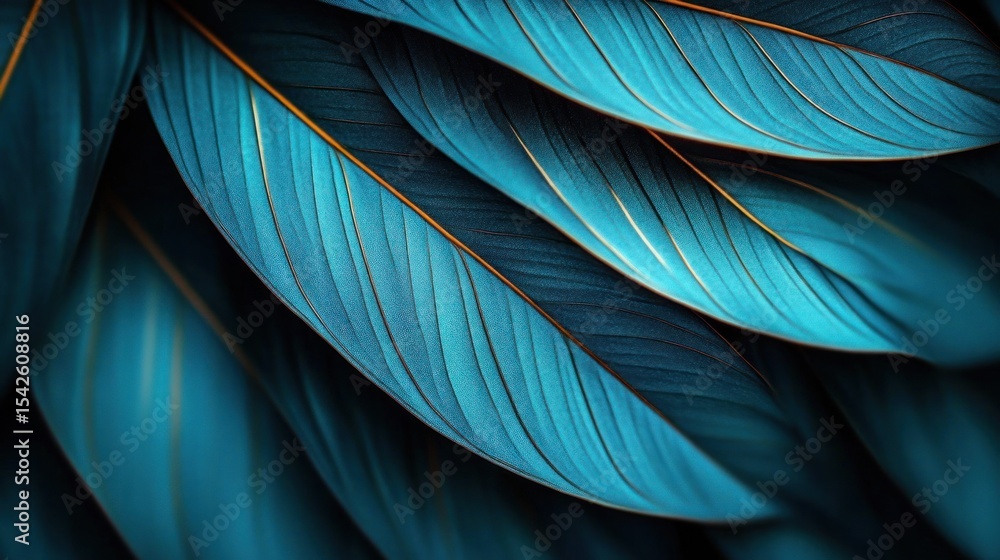 Aufkleber close-up view of overlapping blue leaves with orange veins creating a smooth and serene natural patt