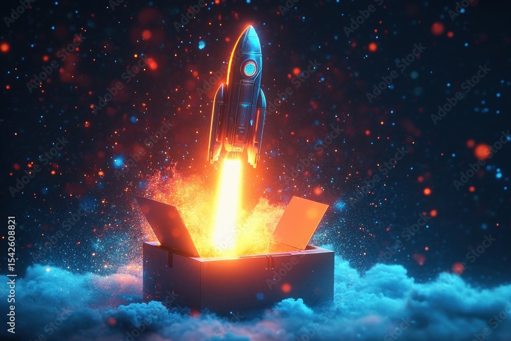 Poster rocket launching from an open glowing box surrounded by clouds and sparkling lights, symbolizing exc