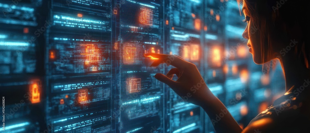 Poster person interacting with glowing digital interface displaying complex blue and orange data in a futur