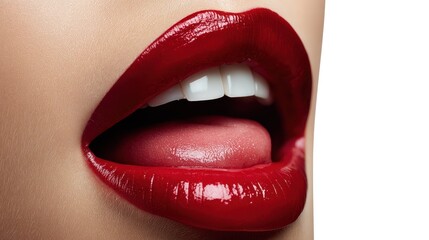 Obraz premium A hyper-realistic close-up photo of wide red lips slightly parted, with a moist tongue peeking to the left, glossy texture, isolated on a pure white background