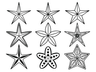 Obraz premium Collection of nine hand drawn black and white starfish illustrations in varying artistic designs.