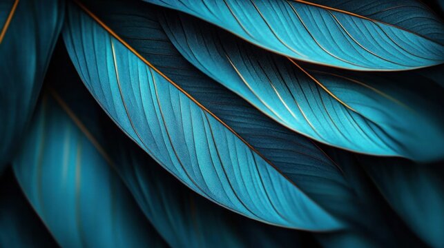 Close-up view of overlapping blue leaves with orange veins creating a smooth and serene natural pattern