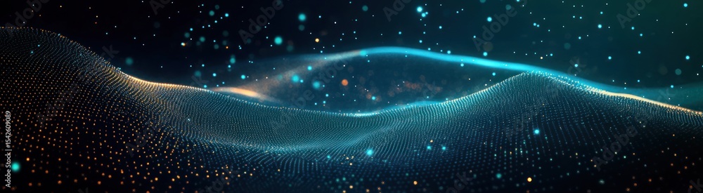Poster abstract digital landscape of glowing particles forming wave-like hills with blue and orange light t