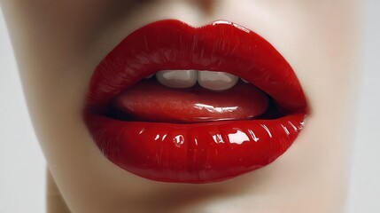 Obraz premium Glossy red lips with detailed tongue placement to the left, macro photo realism, no distractions, clean white background