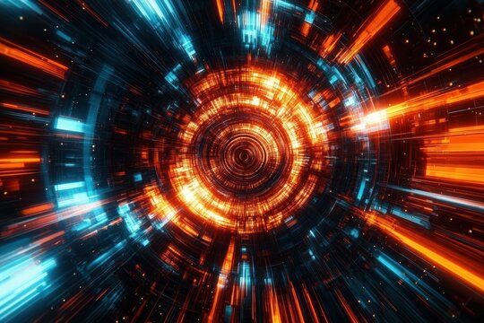 Dynamic futuristic circular interface with glowing orange and blue light streaks radiating outward, creating a sense of motion and energy