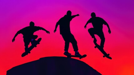 Obraz premium Silhouetted Skateboarders at Sunset Extreme Sports Action