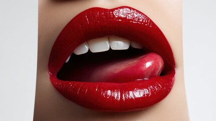 Obraz premium Lifelike photo of expressive red lips, tongue sticking left, subtle lighting and sharp texture, against a flawless white background