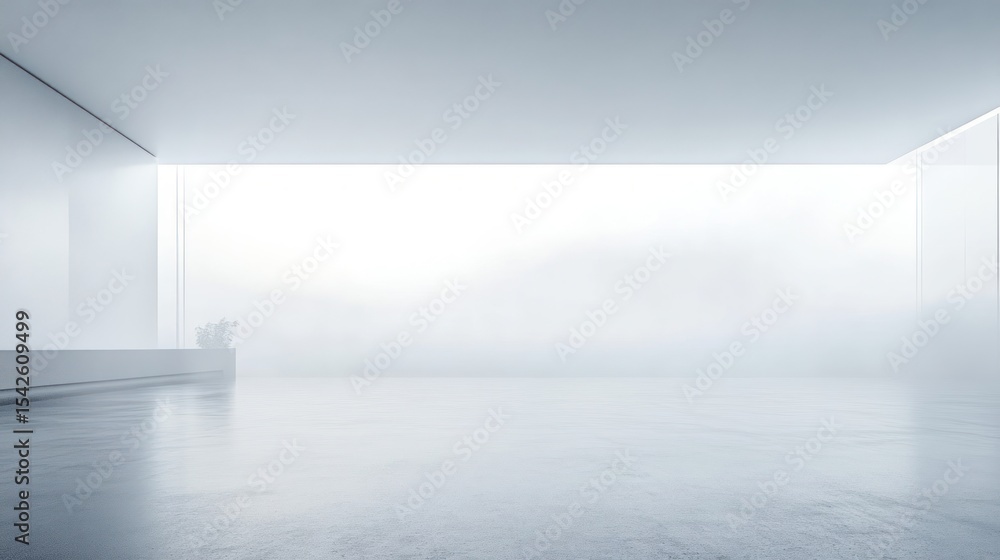 Poster minimalist modern indoor space with large glass windows overlooking foggy or misty environment creat