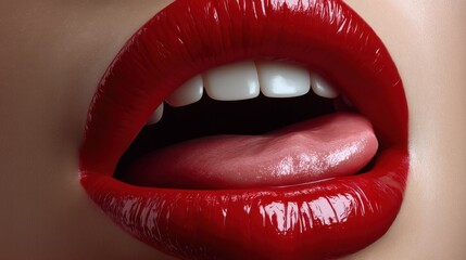 Obraz premium Photorealistic lips in bright red lipstick, open mouth with tongue directed leftward, glowing textures on a clean white background