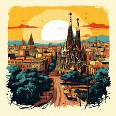 an AI Image Generator, Illustrated Urban Scene Featuring Iconic Architecture at Sunset