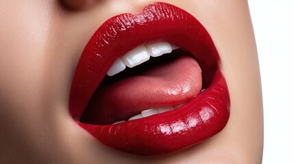 Obraz premium Studio-style close-up of luscious red lips, tongue playfully showing to the left, photorealistic detailing on a white seamless background