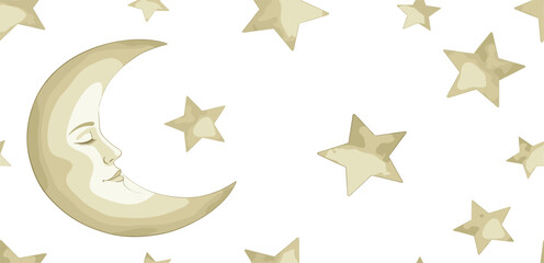 Watercolor star and moon Border for baby shower invitations. Illustration of seamless pattern for childish greeting cards or nursery decor in pastel colors. Sky frame for kids room. 