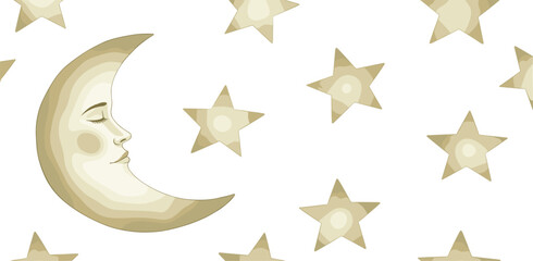 Watercolor star and moon Border for baby shower invitations. Illustration of seamless pattern for childish greeting cards or nursery decor in pastel colors. Sky frame for kids room. 