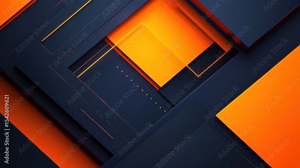 Poster abstract geometric digital composition with overlapping dark blue and bright orange rectangles creat