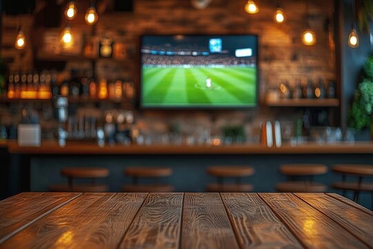 Cozy bar interior with warm hanging lights, wooden tables and stools, blurred background featuring a large screen showing a soccer match
