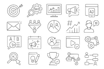 Digital Marketing and SEO Line Icons Set. Digital marketing, SEO, search engine optimization, analytics, data, marketing, advertising, online, internet, social media, campaign, strategy, business, suc
